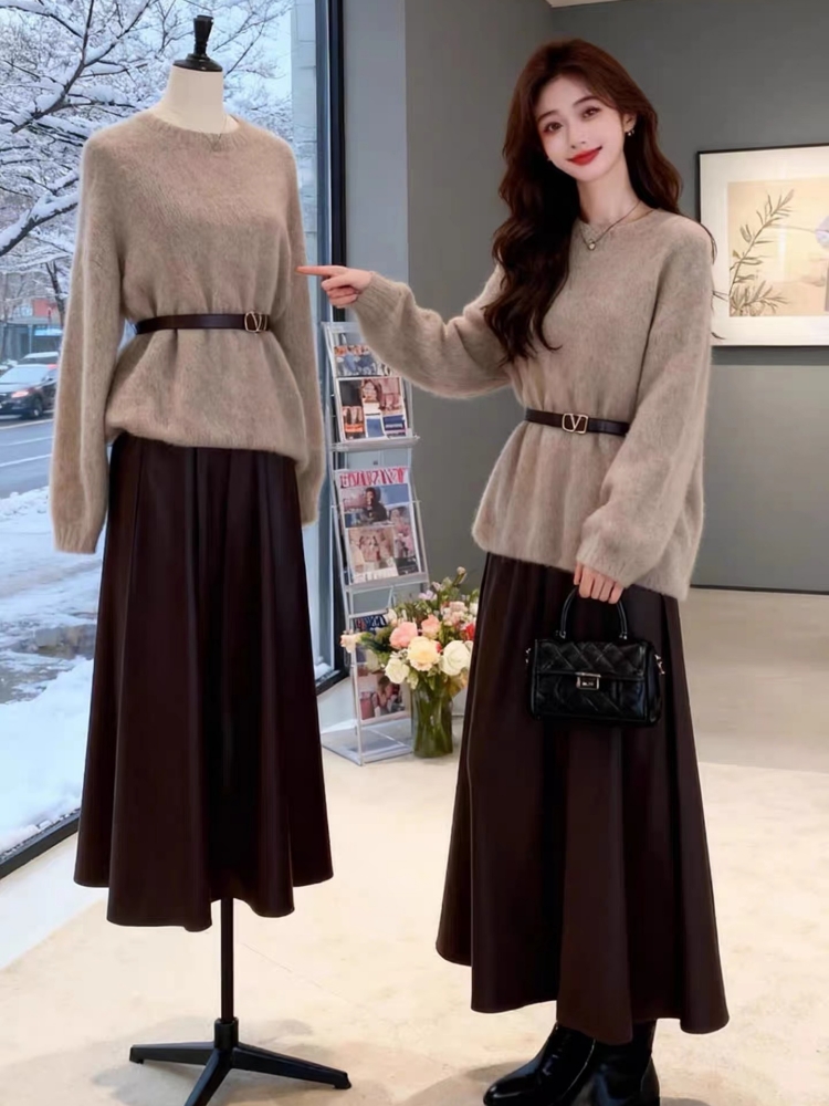 套装女2025新款冬装法式复古收腰针织毛衣高级感显瘦半身裙两件套