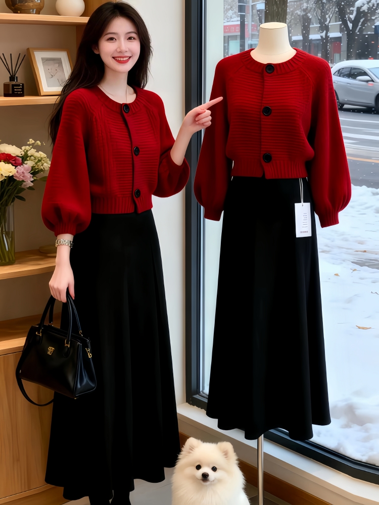 巨好看的两件套2025冬季松弛感穿搭一整套红色针织开衫半身裙套装