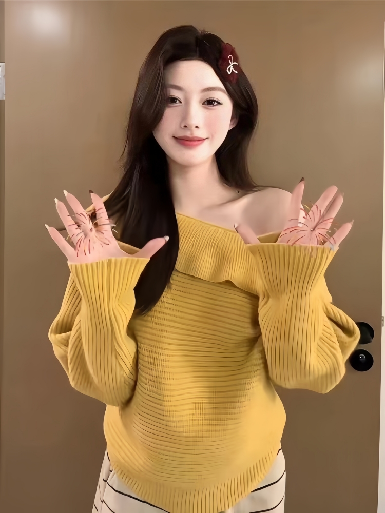 巨好看的法式黄色一字肩毛衣女2025冬季慵懒风独特漂亮针织衫上衣