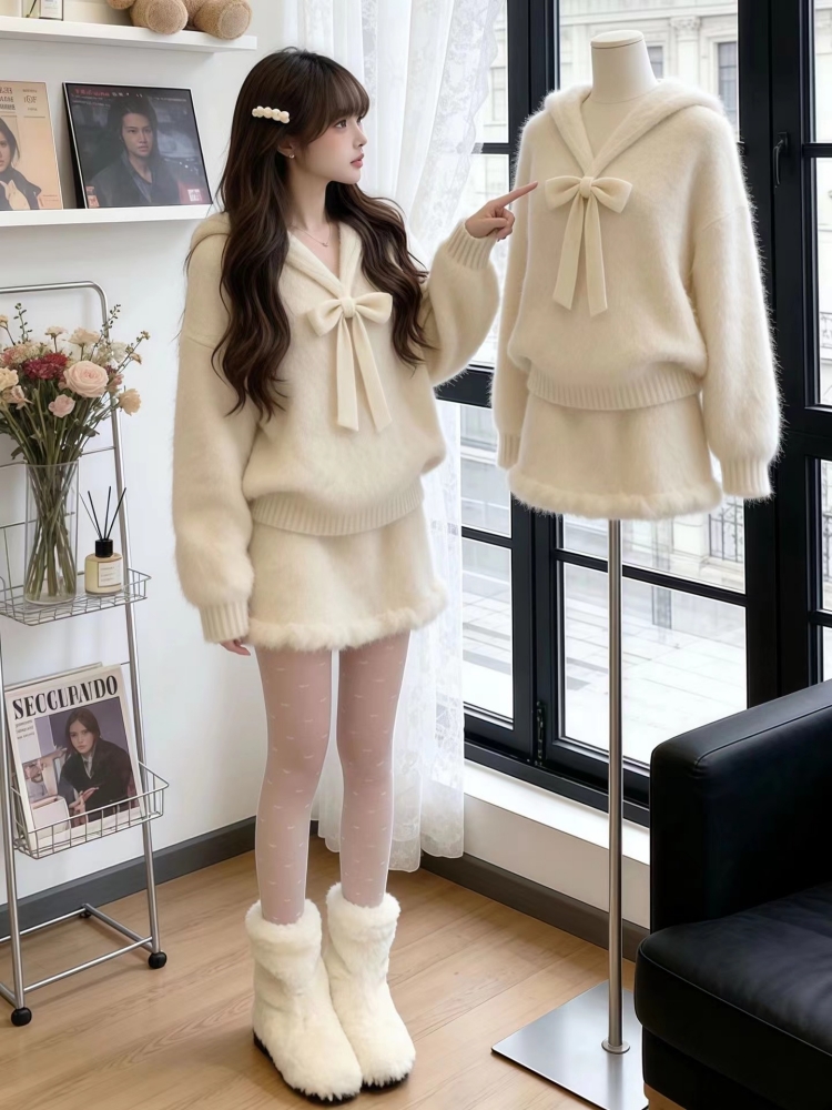 独特漂亮冬装一整套女2026新款白色蝴蝶结绑带毛衣针织半身裙套装