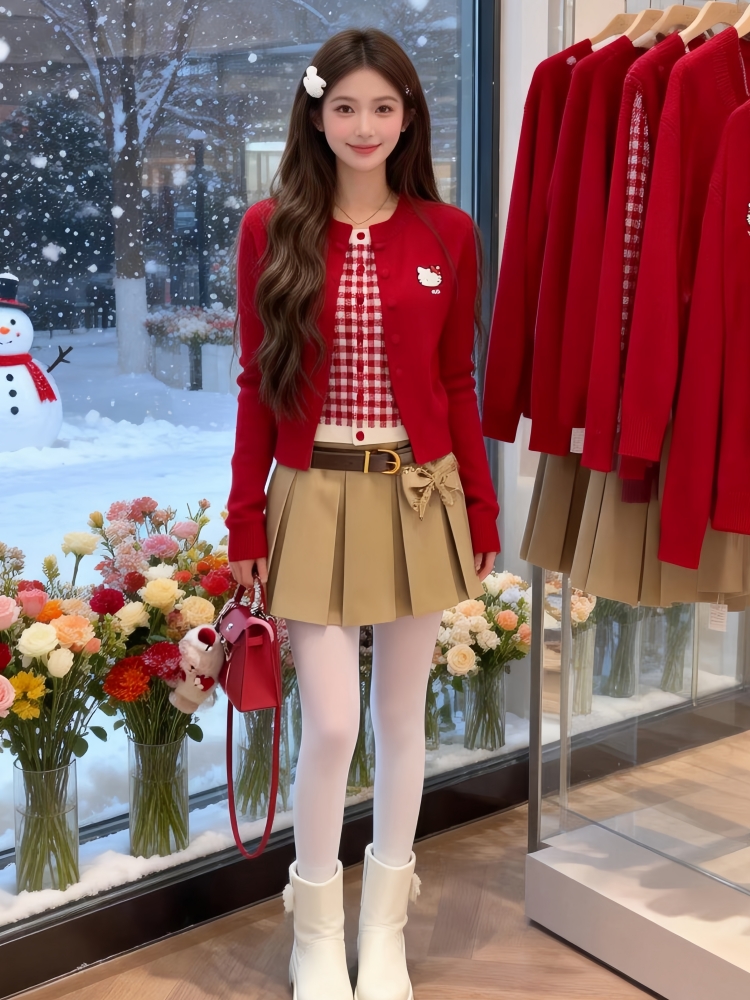 氛围感红色假两件针织开衫女2026冬季上衣巨好看时尚洋气百搭毛衣