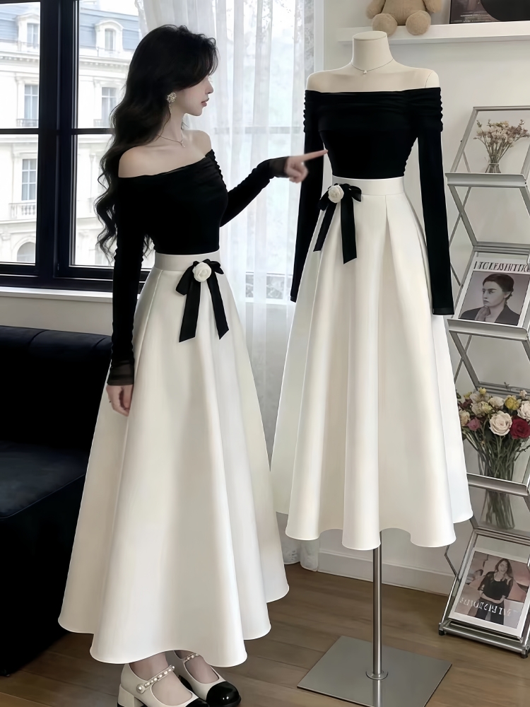 miu里miu气穿搭套装春季高级感巨好看气质复古黑色上衣半裙两件套