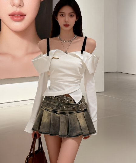 한국 스타일 오프숄더 수 있습니다. 조정 어깨끈 디자인 센스 긴팔 여성 셔츠 봄 새로운 패션 Chic 오프숄더 맨위
