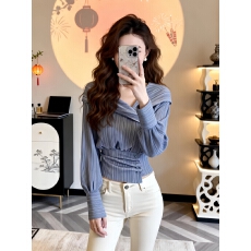 批发春季新款法式收腰修身蓝色长袖衬衫女设计感<b class='q'>不规则</b>锁骨绝美上衣潮