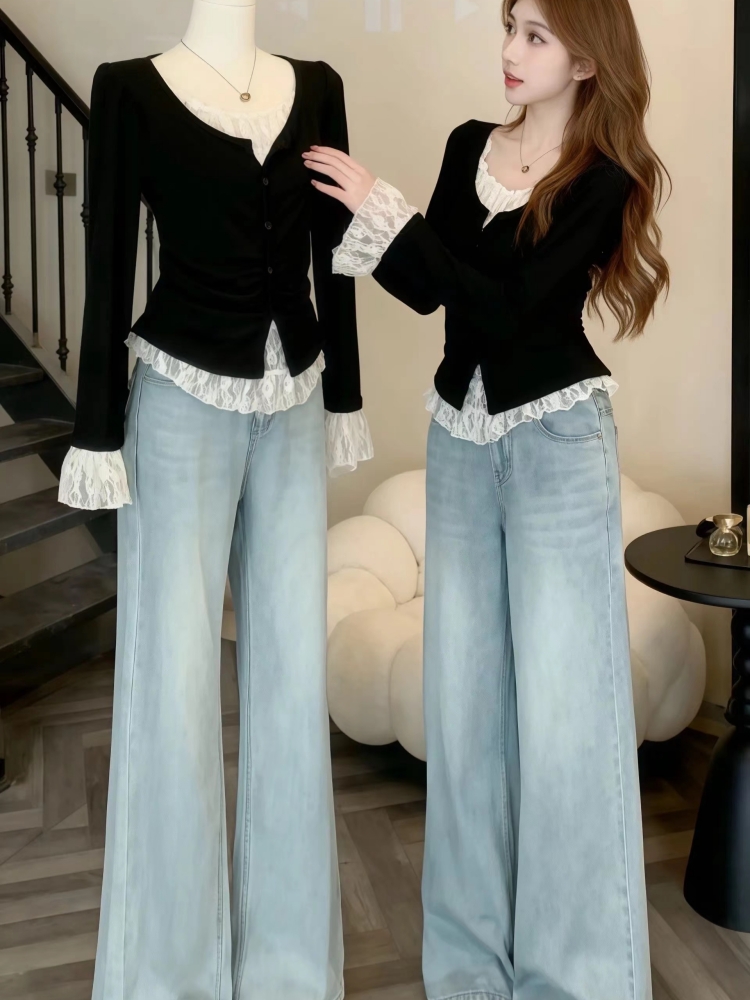气质一整套ootd穿搭2026新款巨好看复古假两件上衣牛仔裤两件套装