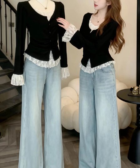 품격 전체 집합 ootd 착용 가져 가라. 2026 새로운 자이언트 잘 생긴 레트로 페이크 레이어드 맨위 청바지 투피스 슈트