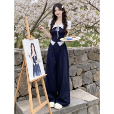 批发夏季绝美多巴胺穿搭一整套不撞款复古短袖上衣休闲裤两件套小个子