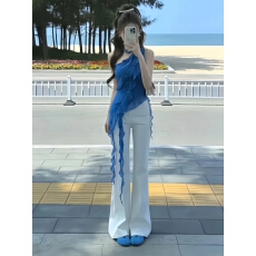 批发清纯白月光穿搭套装夏季新款巨好看斜肩上衣牛仔裤韩里韩气两件套