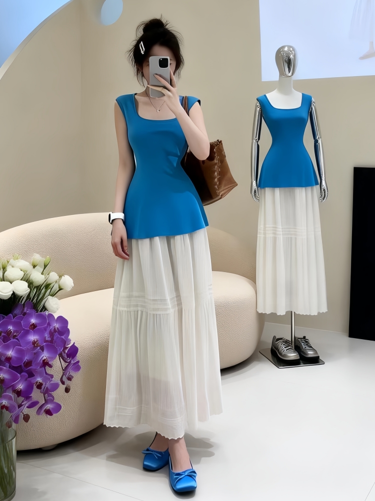 분위기 센스 캐주얼 세트 여성 2026 여름 순수한 욕망 바람 민소매 니트 맨위 하이웨이스트 케이크 드레스 두 조각 트렌디