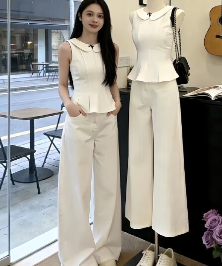 2026 여름 새로운 착용 가져 가라. 전체 집합 한 부서 자이언트 잘 생긴 디자인 센스 민소매 맨위 와이드 레그 팬츠 투피스 슈트