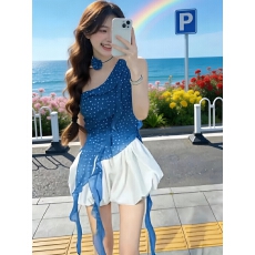 夏日甜美风穿搭套装女新款波点吊带背心露肩上衣配花苞裙两件套潮