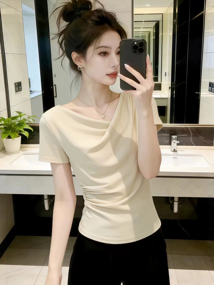 RY1186# 设计感荡领短袖t恤女夏季2026新款今年流行爆款修身显瘦女...