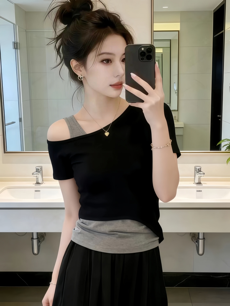 RY1183# 夏季穿搭假两件短袖t恤女装2026新款今年流行爆款设计感斜...