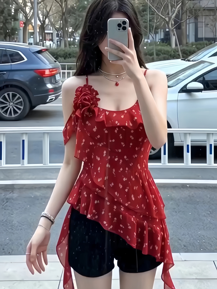 RY1185# 辣妹红色碎花吊带背心女夏季纯欲风不规则荷叶边飘带修身无袖上...