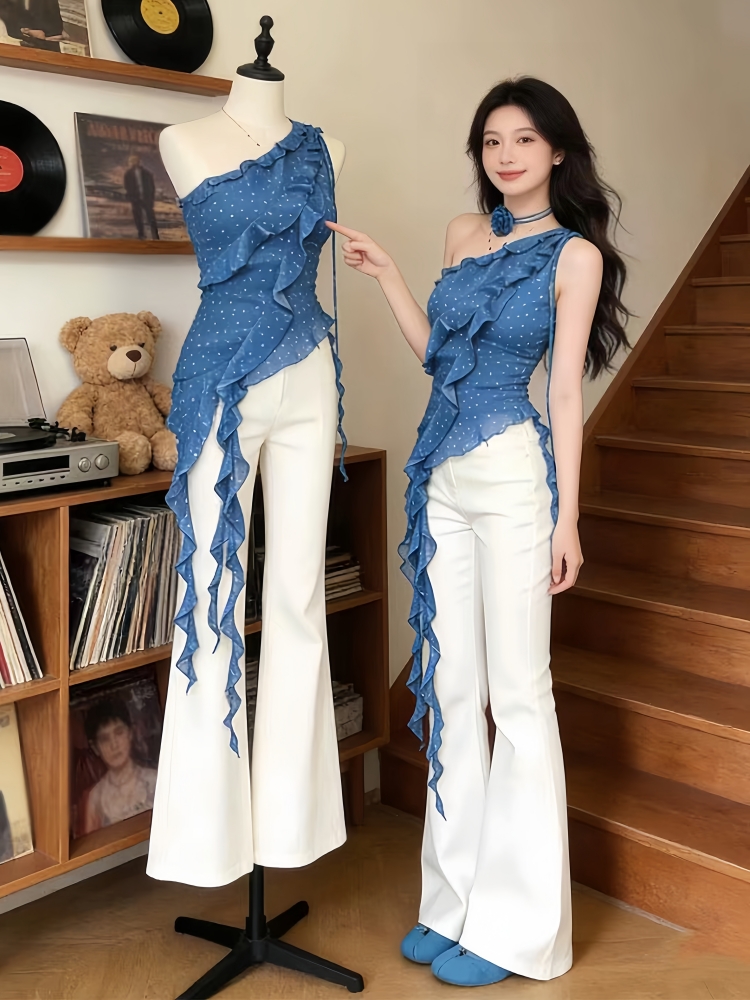 RY1184# 气质一整套ootd穿搭夏季新款设计感漂亮荷叶边上衣牛仔裤两...