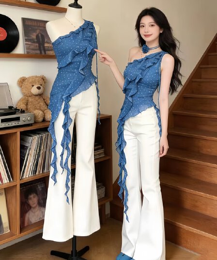 품격 전체 집합 ootd 착용 가져 가라. 여름 새로운 디자인 센스 아름다운 프릴 맨위 청바지 투피스 슈트