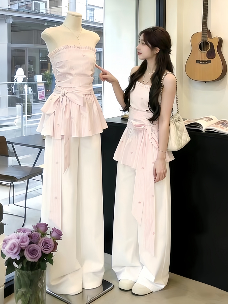 独特漂亮绝美小套装韩系温柔风巨好看一字肩粉色上衣牛仔裤两件套