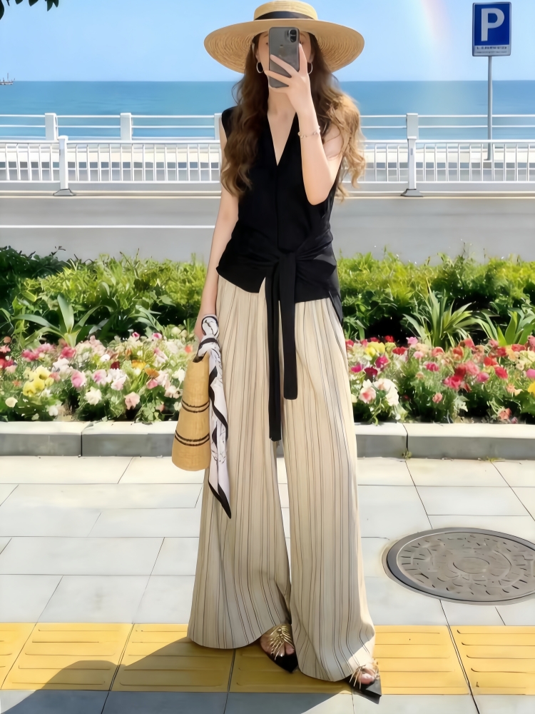 관대 한 점잖은 착용 가져 가라. 전체 집합 자이언트 잘 생긴 ~ 중 디자인 센스 스트랩 꼬집기 허리 위로 의류 와이드 레그 팬츠 투피스 슈트 여성