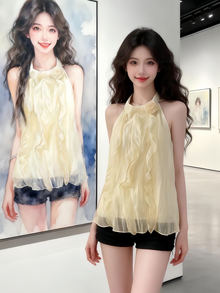 여름 프랑스식 부드러운 3 차원 꽃 Chic 작은 대중 오프숄더 민소매 맨위 달콤한 매운맛 바람 행침 목 쉬폰 블라우스 여성 의류