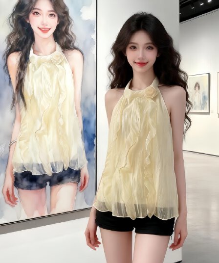 여름 프랑스식 부드러운 3 차원 꽃 Chic 작은 대중 오프숄더 민소매 맨위 달콤한 매운맛 바람 행침 목 쉬폰 블라우스 여성 의류