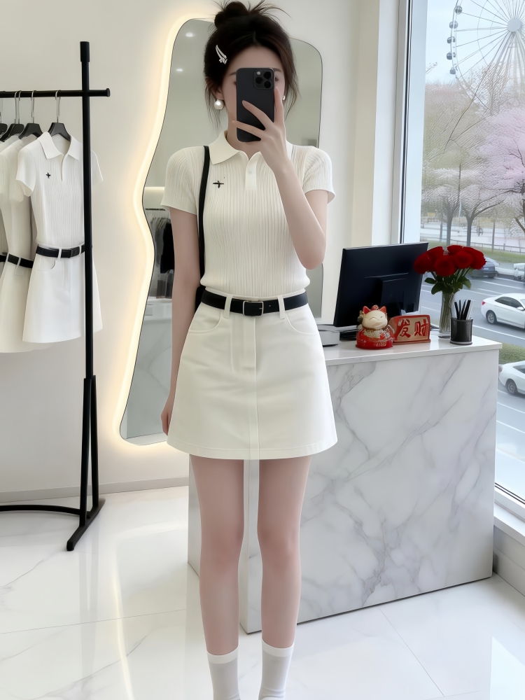 气质一整套ootd穿搭韩系2026夏季慵懒风针织短袖上衣短裙两件套装