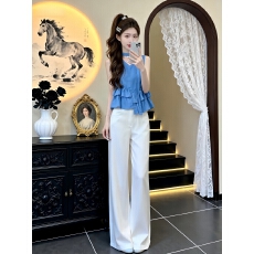 批发初夏独特漂亮套装克莱因蓝无袖上衣阔腿牛仔<b class='q'>裤</b>女2026超火装一整套