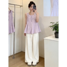 批发夏季套装女2026新款巨好看甜美风木耳边<b class='q'>背心</b>上衣搭配阔腿裤两件套