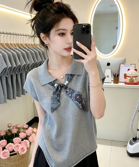출퇴근 품격 회색 POLO 칼라 스카프 몸매 가꾸기 맨위 여성 2026 새로운 여름 자이언트 잘 생긴 반팔 니트 스웨터