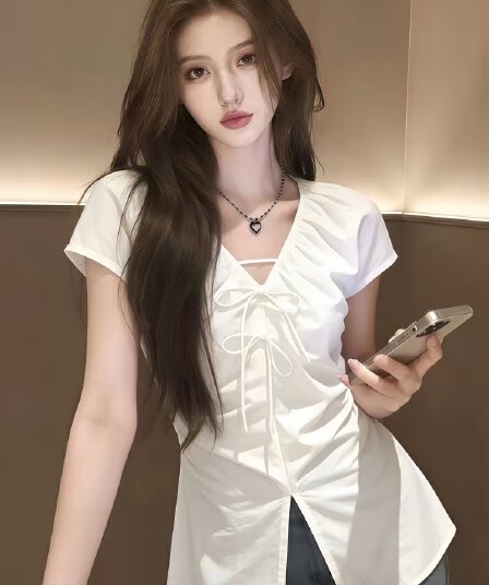 여름 화이트 스트랩 트임 V넥 여성 셔츠 2026 새로운 그레이트 봐라. 프랑스식 사소한 아름다운 품격 맨위