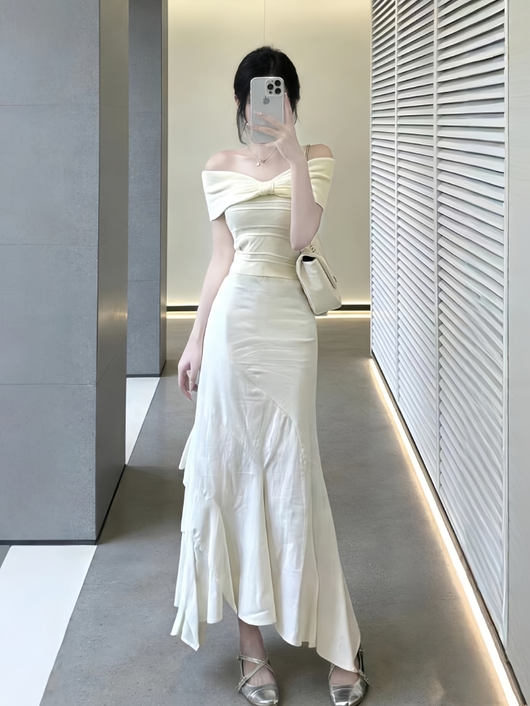 로얄 자매 바람 고급 센스 슈퍼 잘 생긴 오프숄더 맨위 타이트 스커트 투피스 슈트 전체 집합 ootd 착용 가져 가라. 26 여름