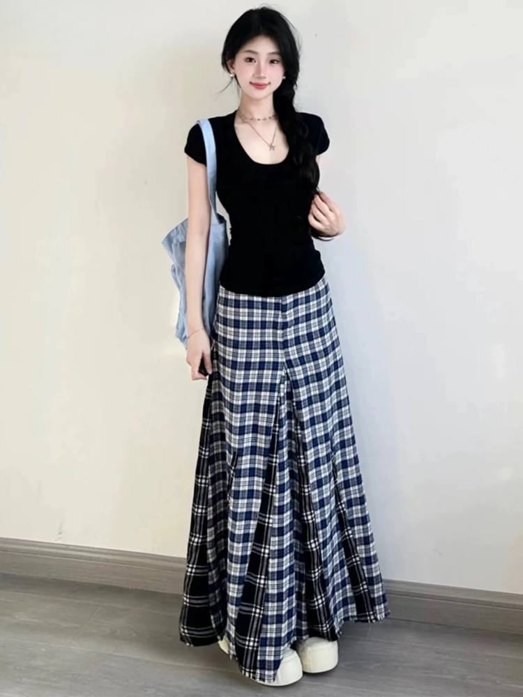 한 부서 착용 가져 가라. 전체 집합 자수 검정색 맨위 여성 2026 여름 체크무늬 트임 반신 스커트 투피스 세트 세트