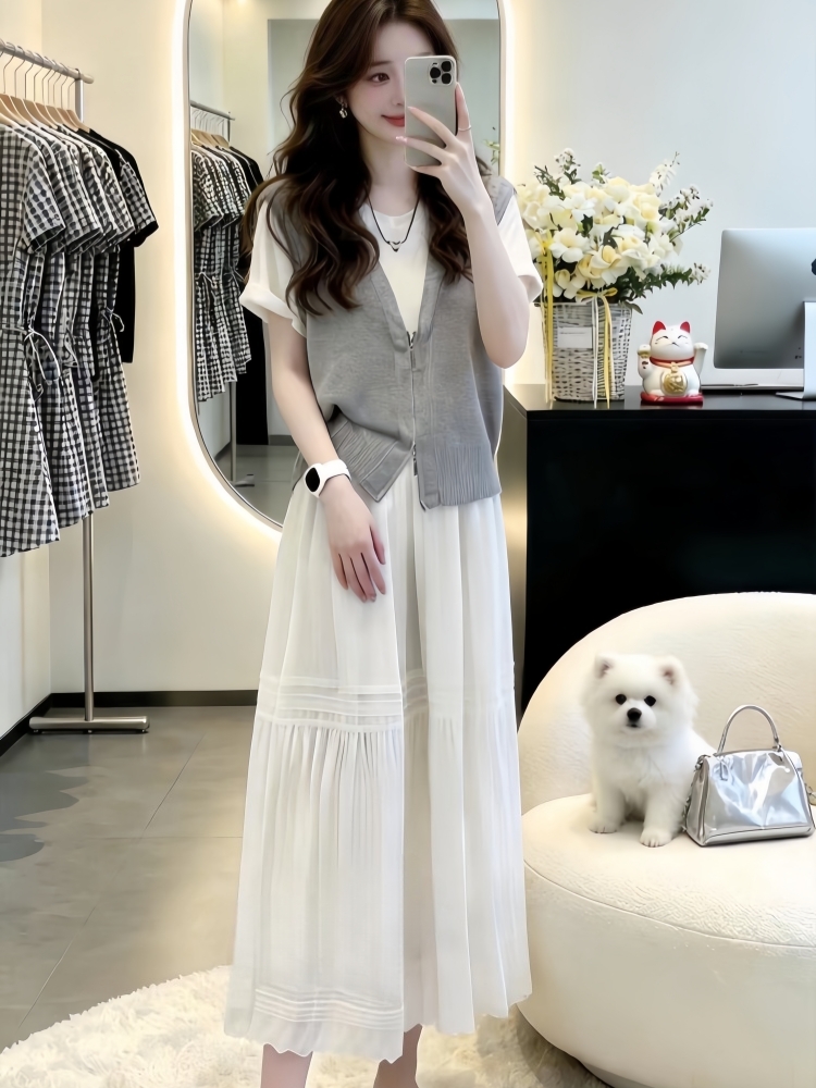 여름 드레스 코디 전체 집합 느슨함 센스 올해 인기 아름다운 빛 요리 한 바람 페이크 레이어드 맨위 반신 스커트 투피스 세트