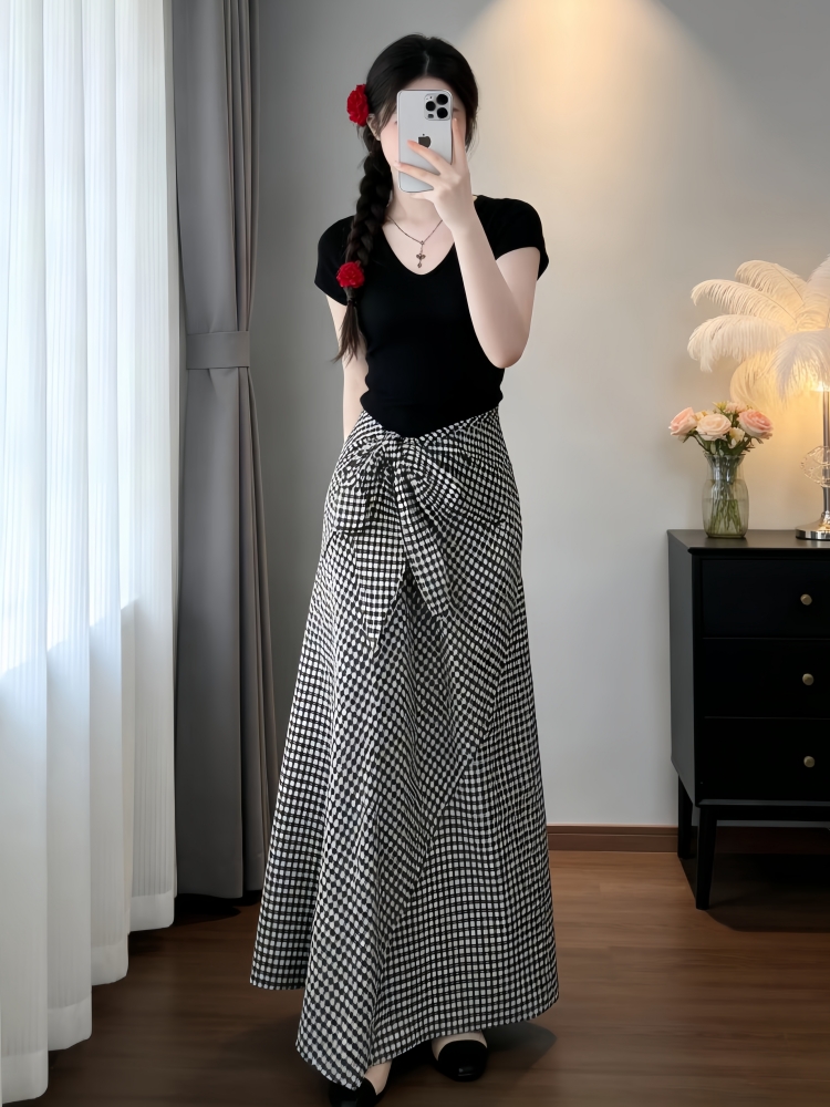 夏装搭配一整套时尚韩系设计感小众v领短袖上衣半身长裙子两件套