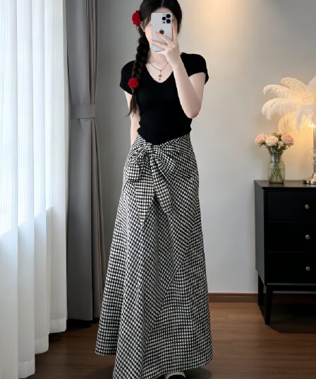 여름 드레스 코디 전체 집합 패션 한 부서 디자인 센스 작은 대중 V넥 반팔 맨위 하프 길이 치마 투피스 세트