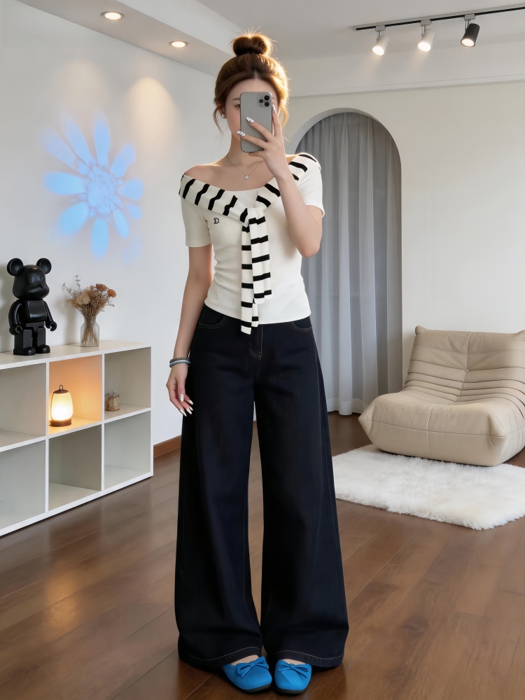 한 바람 chic 전체 집합 여름 ootd 착용 가져 가라. 오프숄더 맨위 와이드 레그 팬츠 어린이 초여름 아름다운 캐주얼 세트