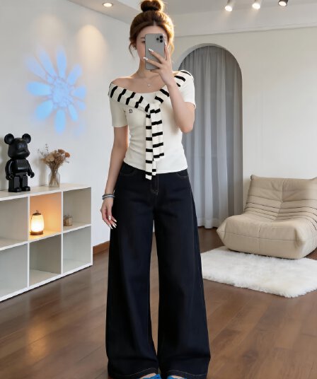 한 바람 chic 전체 집합 여름 ootd 착용 가져 가라. 오프숄더 맨위 와이드 레그 팬츠 어린이 초여름 아름다운 캐주얼 세트