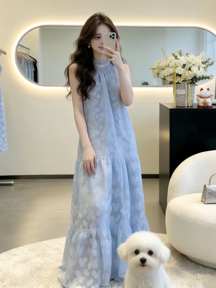 휴가 바람 파란색 행침 목 쉬폰 여성 드레스 2026 여름 새로운 Chic 민소매 A라인 스커트 품격 치마