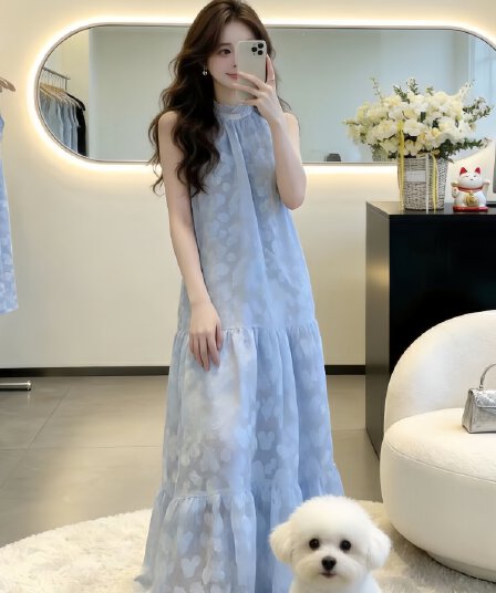휴가 바람 파란색 행침 목 쉬폰 여성 드레스 2026 여름 새로운 Chic 민소매 A라인 스커트 품격 치마