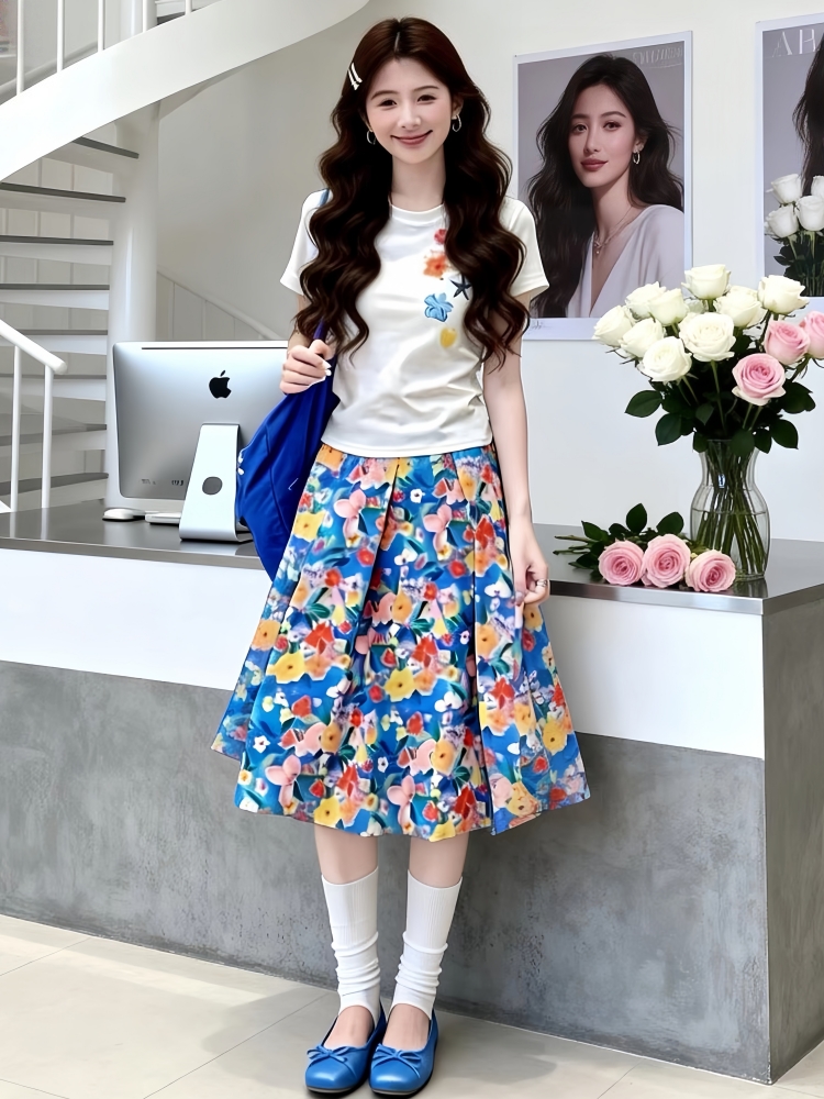 연령 감소 코디 전체 집합 여름 작은 대중 디자인 센스 자이언트 잘 생긴 반팔 맨위 꽃무늬 반신 스커트 투피스 슈트