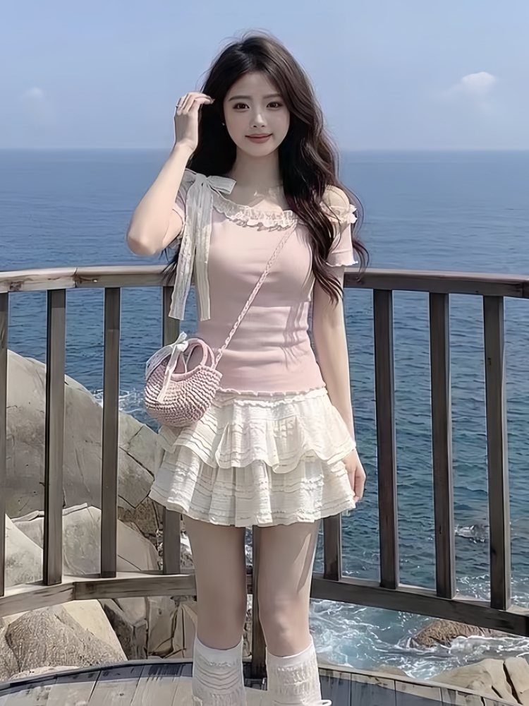 작은 키 착용 가져 가라. 전체 집합 여름 순수한 욕망 바람 달콤한 자매 오프숄더 니트 맨위 반신 스커트 투피스 슈트 여성