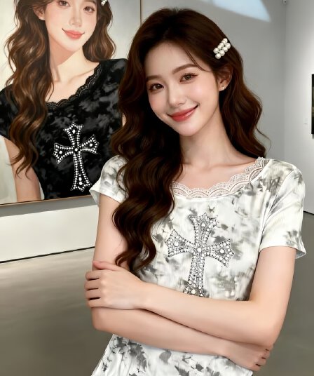 한 부서 순수한 욕망 바람 반팔 티셔츠 여성 슈퍼 잘 생긴 ~ 중 허리 수축 슬림해 보이는 품격 핫걸 아름다운 레이스 조각 맨위