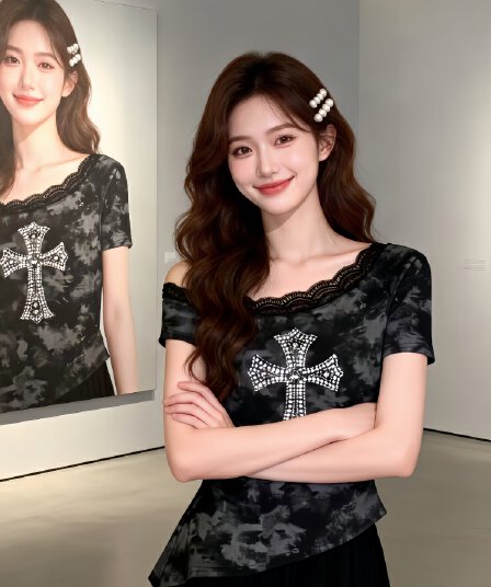 홀치기 염색 오프숄더 반팔 티셔츠 여성 2026 여름 새로운 불규칙 디자인 센스 허리 수축 레이스 조각 맨위
