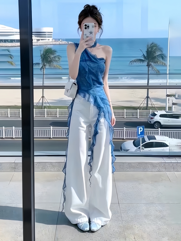 자이언트 잘 생긴 ~ 중 착용 가져 가라. 전체 집합 한 부서 chic 세트 여성 비스듬한 어깨 리본 맨위 넓은 다리 청바지 투피스 세트
