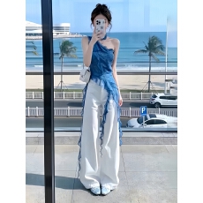 批发巨好看的穿搭一整套韩系chic套装女斜肩飘带上衣阔腿<b class='q'>牛仔裤</b>两件套