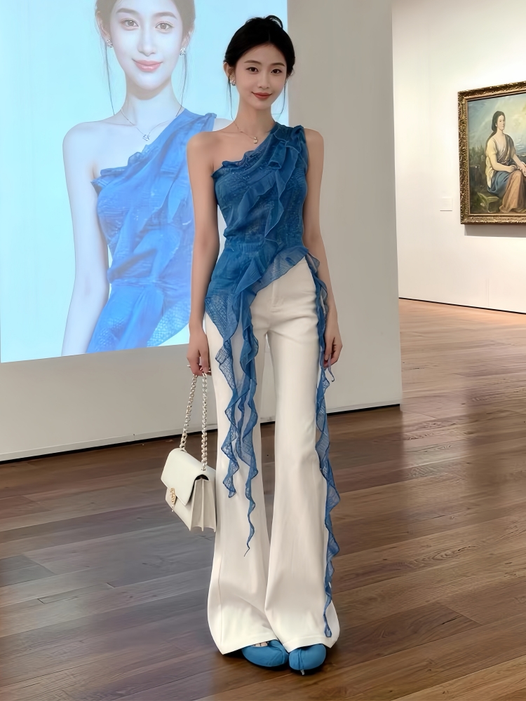 전체 집합 ootd 착용 가져 가라. 세트 여름 디자인 센스 불규칙 슬립 맨위 부츠컷 와이드 레그 팬츠 투피스 세트 트렌디