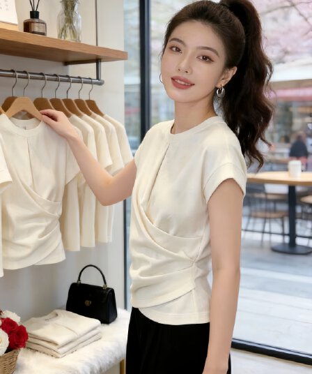 작은 대중 디자인 센스 허리 수축 슬림해 보이는 라운드 넥 반팔 티셔츠 여성 여름 섹션 긍정적 인 어깨 몸매 가꾸기 슬림해 보이는 다용도 품격 맨위