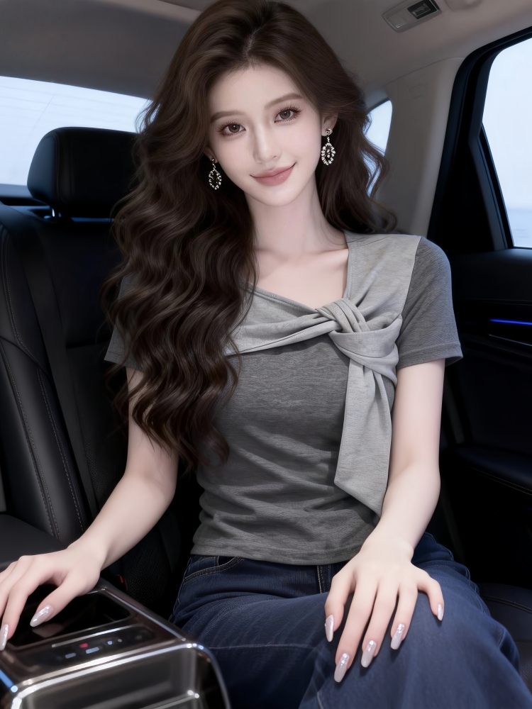 한국 스타일 소녀 센스 외국 가스 품격 몸매 가꾸기 슬림해 보이는 다용도 반팔 비스듬한 칼라 배색 스트랩 Chic 티셔츠 맨위 여성