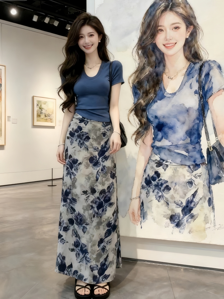그레이트 봐. 의류 꽃무늬 반신 스커트 두 조각 여성 세트 여름 2026 년 새로운 슈퍼 화재 한 부서 착용 가져 가라. 전체 집합