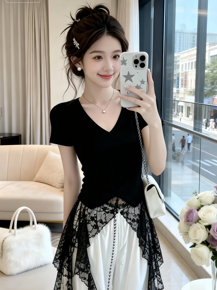 순수한 욕망 바람 핫걸 칼라 반팔 티셔츠 여성 여름 새로운 디자인 센스 레이스 조각 품격 만나는 맨위 외출용