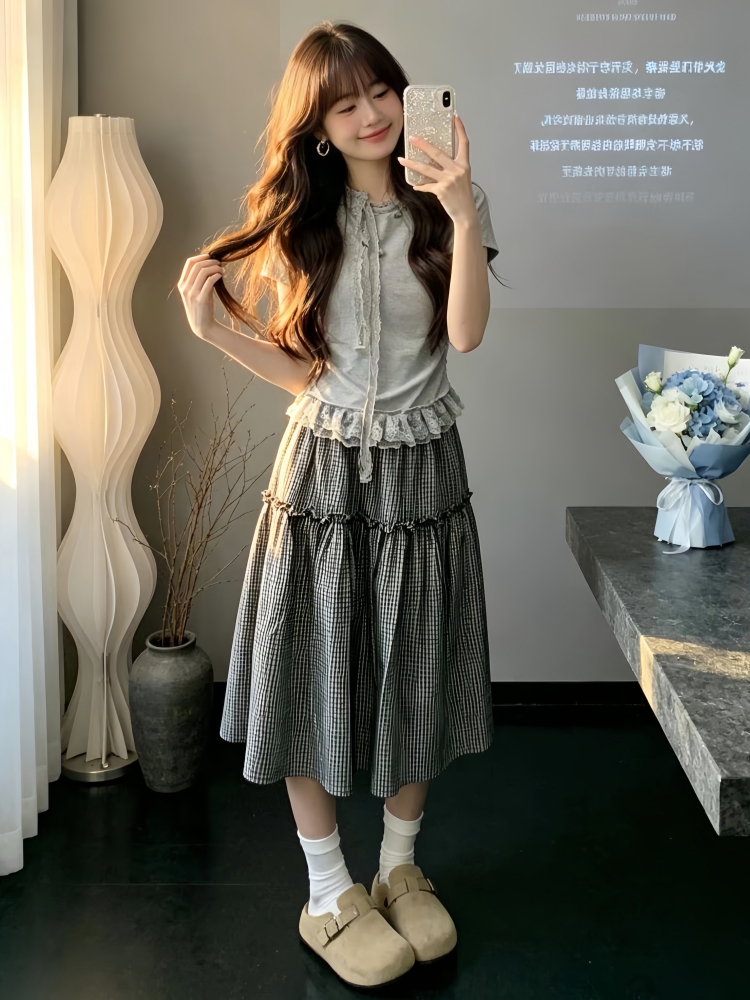 한 부서 전체 집합 ootd 착용 가져 가라. 여성 여름 새로운 레트로 레이스 측면에 의류 체크무늬 반신 스커트 투피스 슈트
